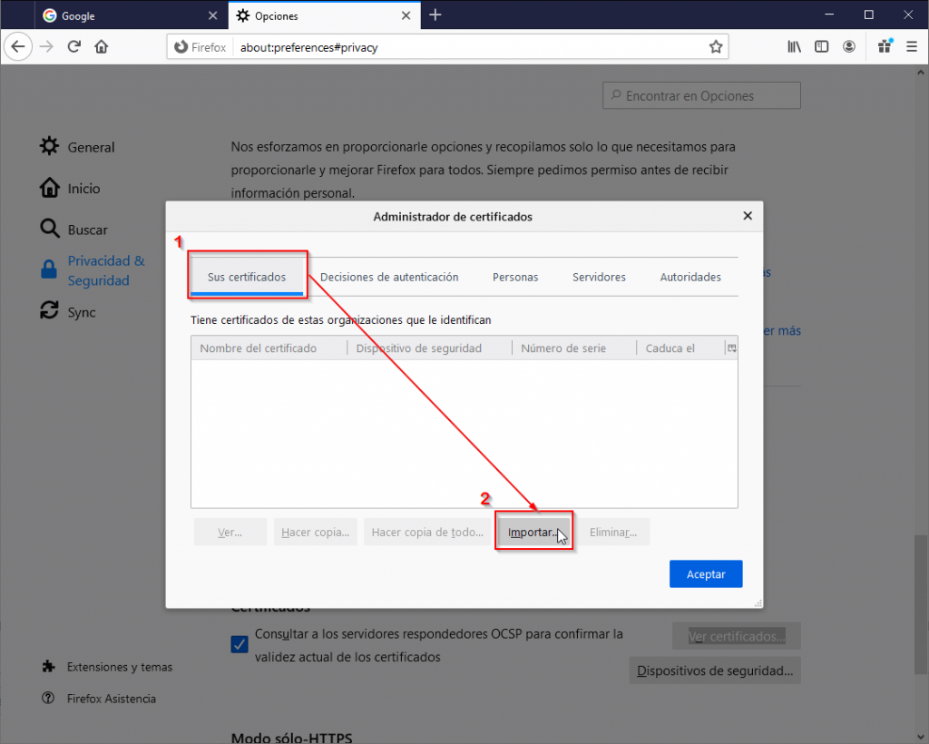 Como instalar el certificado digital en Mozilla Firefox - Administrador de certificados